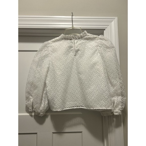 Zara White High Neck Blouse with Layer Embroidered Puff 3/4 Sleeves Size Medium - Picture 6 of 6